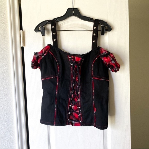 Tripp nyc Tops - Tripp NYC Top Gothic Tartan Lace Off-Shoulder Y2K Corset Black Red Plaid XL GUC